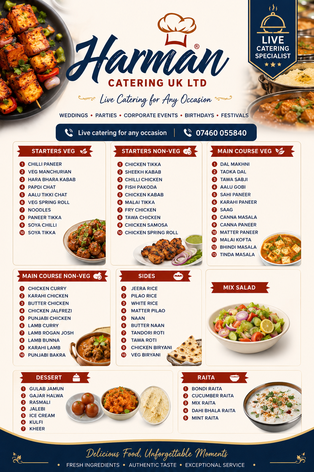 Harman Catering UK Ltd full menu poster listing starters, main course, sides, salad, dessert and raita options