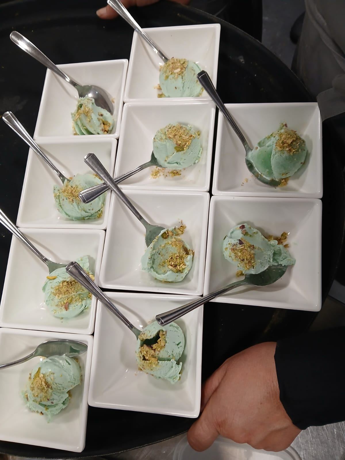Pistachio kulfi ice cream scooped to order
